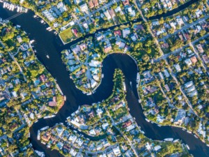 Aerial shot of fort lauderdale, showing a river winding between houses