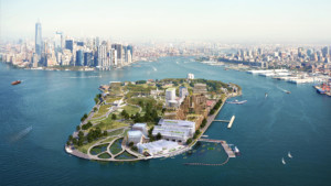 Aerial rendering of governors island with big built up development