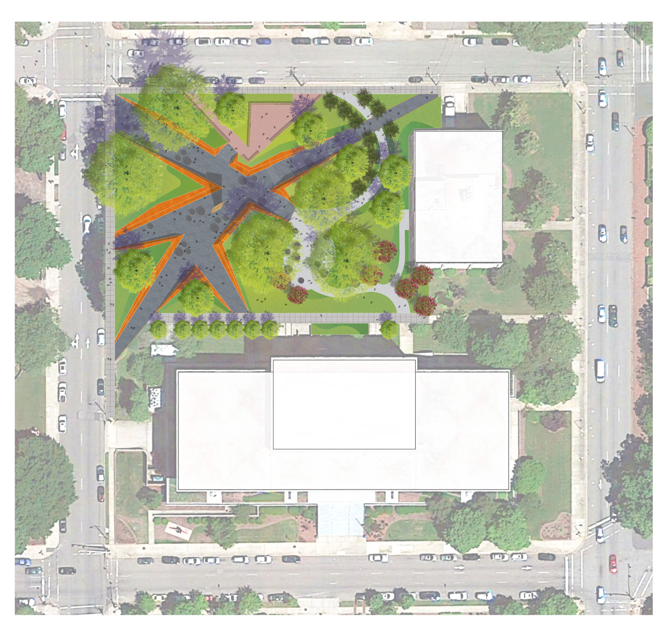 Aerial site plan of a public park