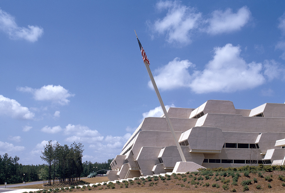 exterior photograph of a corporate headquarters in brutalism