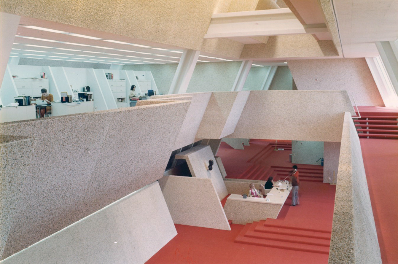 interior photograph of a corporate headquarters in brutalism