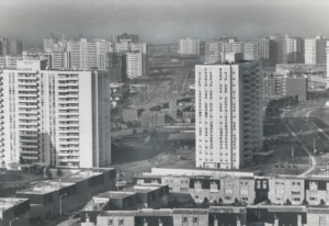 An ontario public housing development in black and white, part of the tower Renewal Partnership