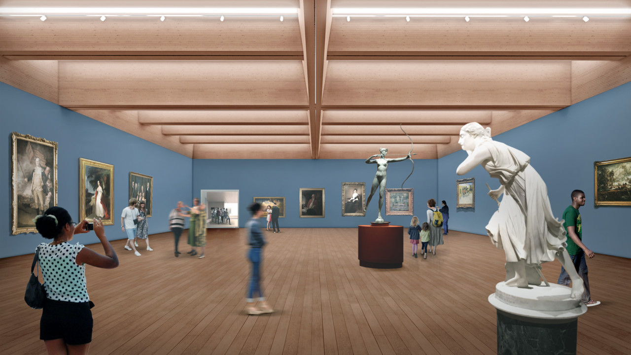 Rendering of a gallery with a coffered wood ceiling incorporating skylights