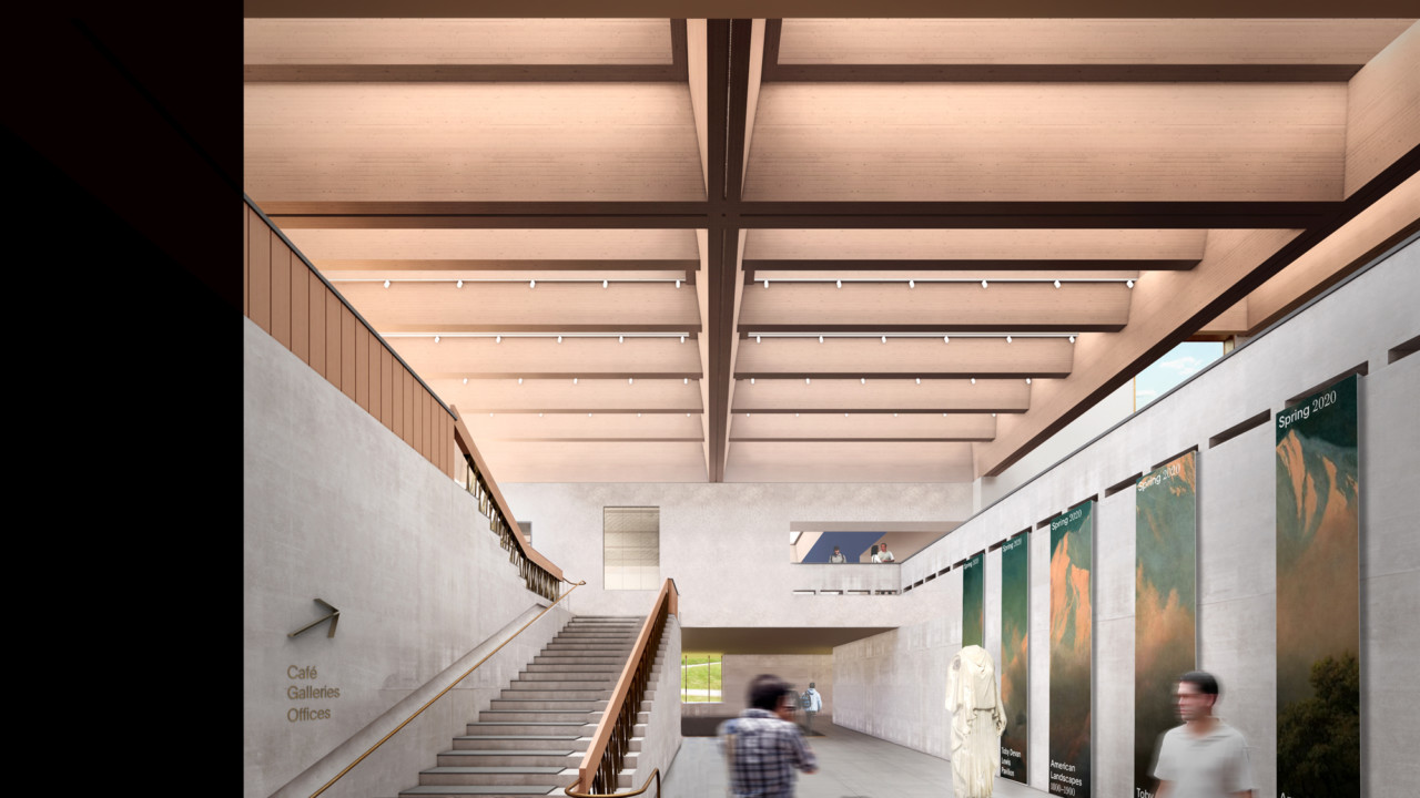 Rendering of a large double height space with a grand stair to one side and a wood coffered ceiling above