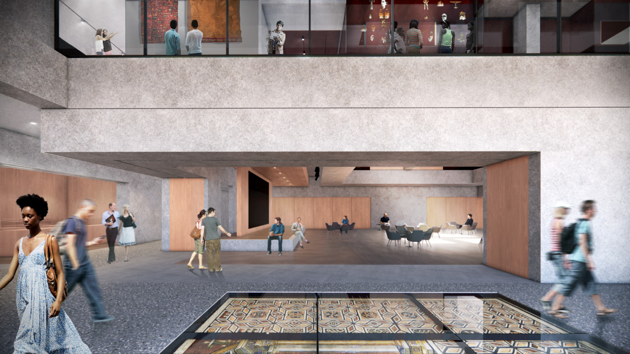 Rendering of an interior walkway with a gallery visible on the above floor and a large room visible in the background