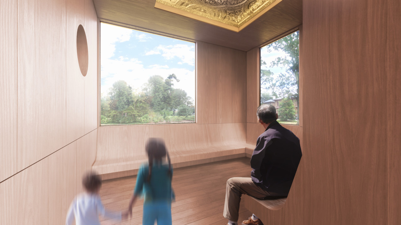 Rendering of a wood-clad room with two large windows and built-in benches