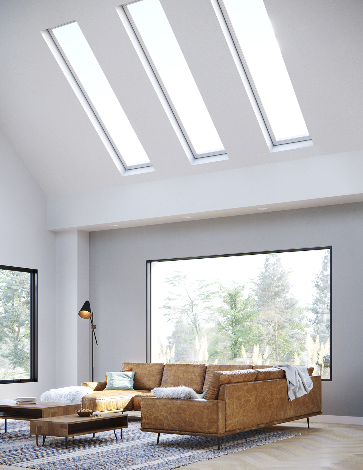 A skylight atop a white living room, a best of design awards winner