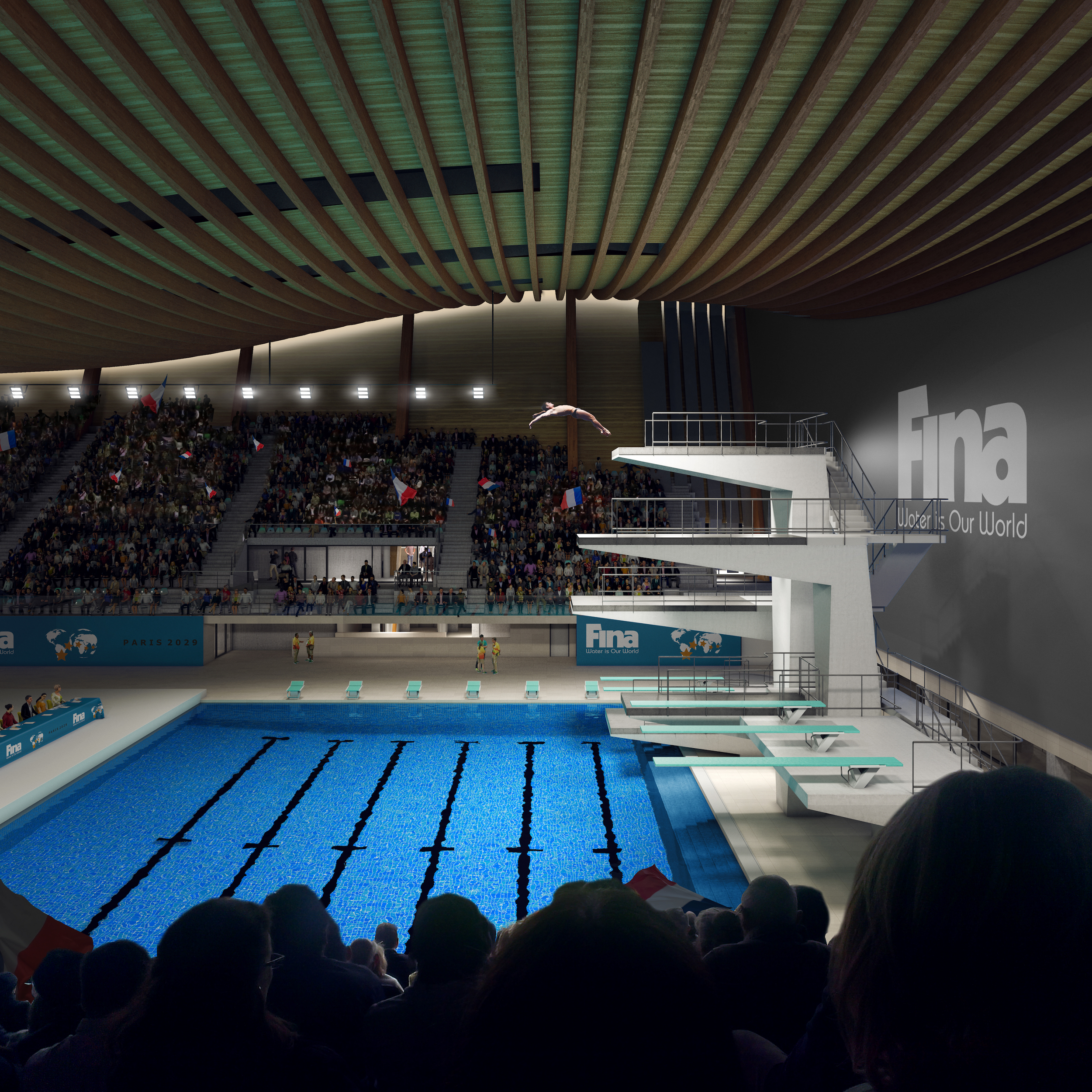 illustration of a diving event at an aquatics center at the 2024 summer olympics