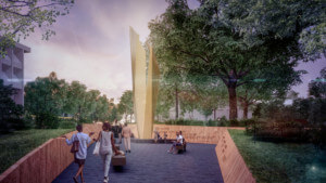 The freedom garden, rendering of people walking through a park and seeing a monument
