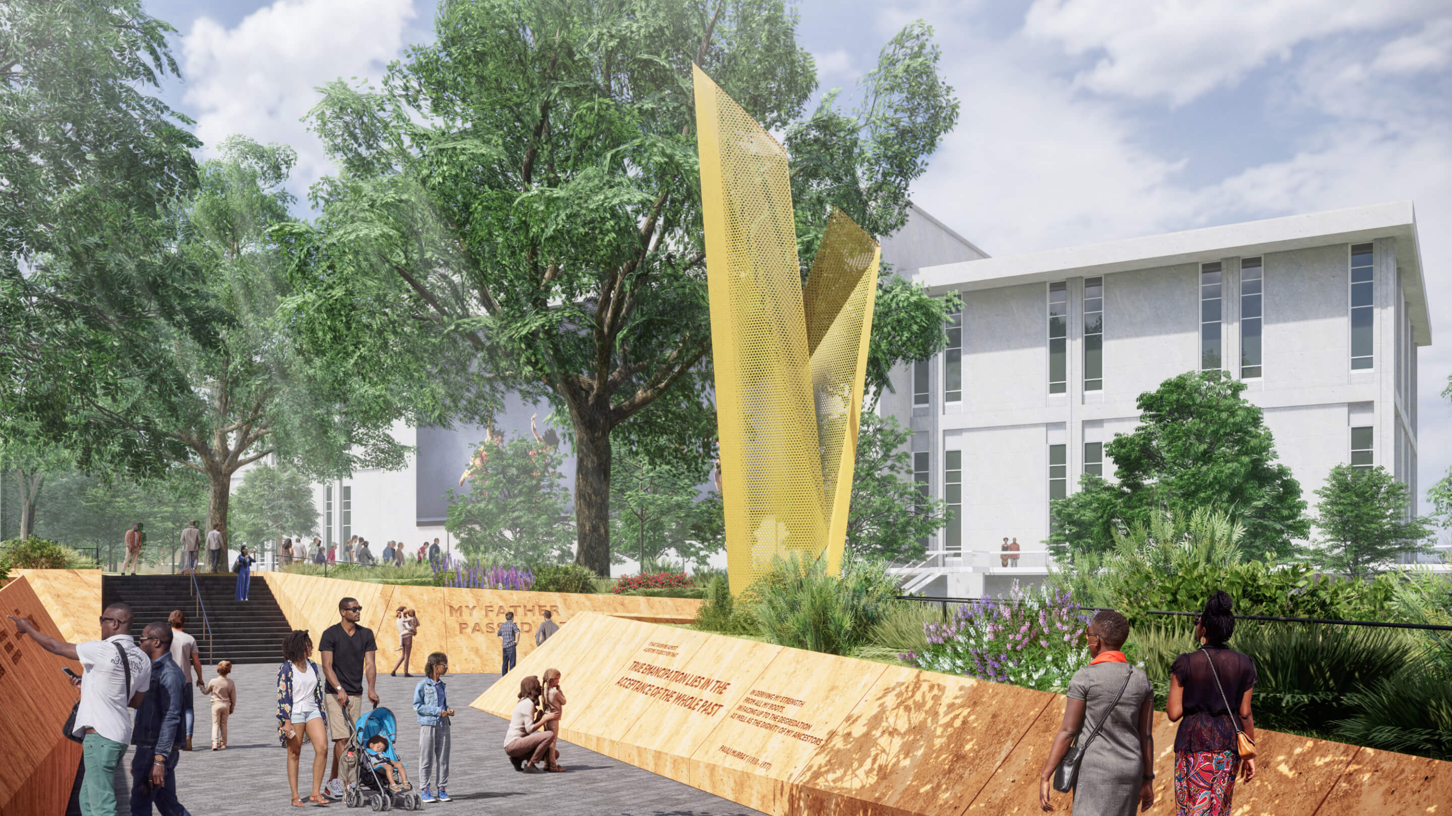 Rendering of a yellow monument in a park