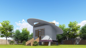 Rendering of small building with a slanted circular roof