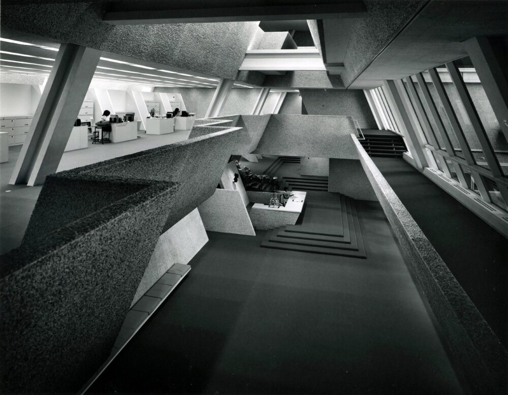 space-age interior of a pharmaceutical building
