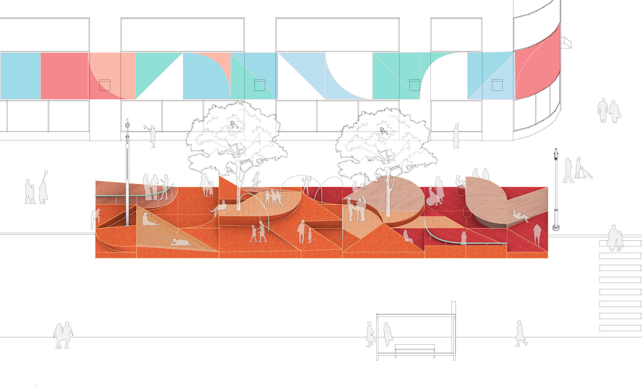 diagram of rubber switchback plaza in orange with trees throughout, restorative ground