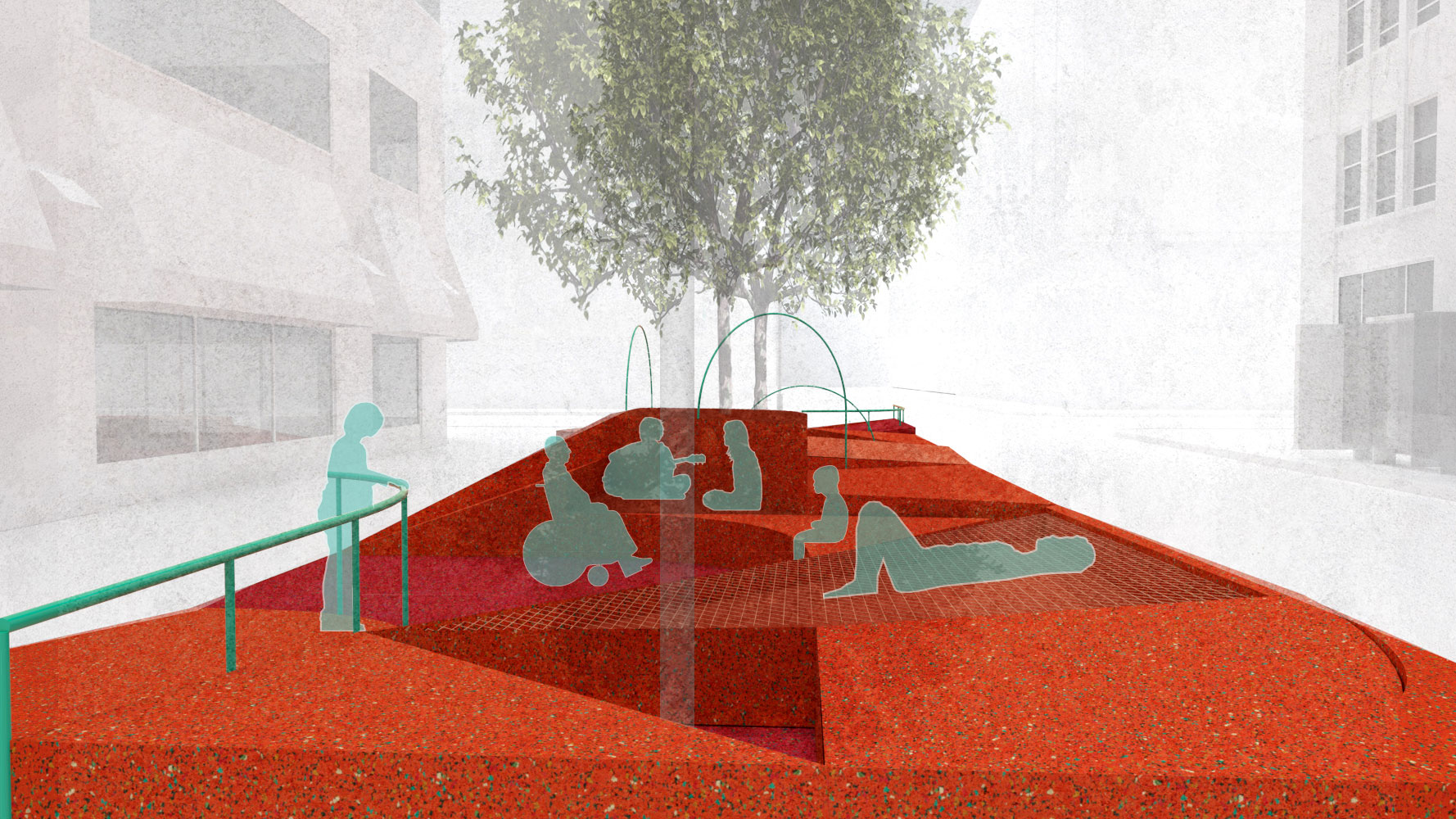 rendering of people on an orange plaza, restorative ground