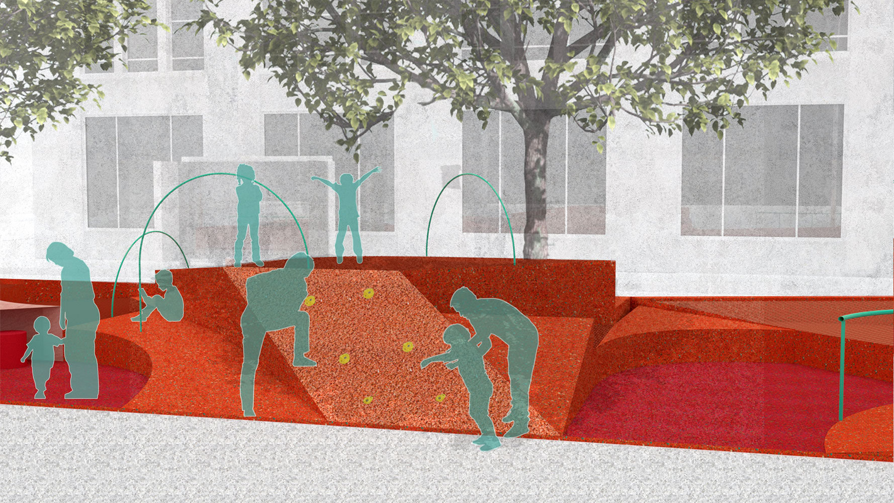 illustration of a public space in manhattan, restorative ground, an orange rubber plaza