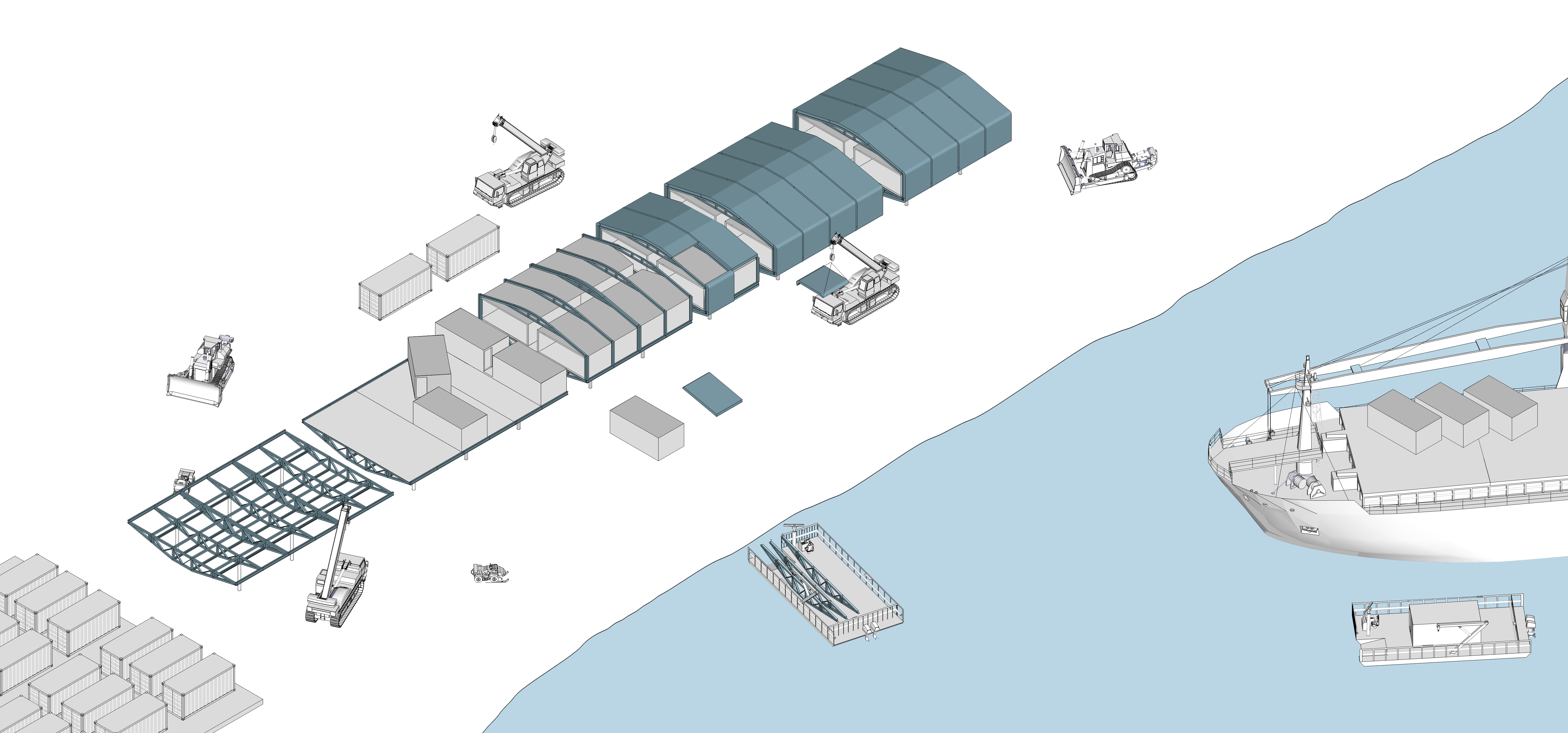 Illustration of the station construction, and the shipment of prefabricated components