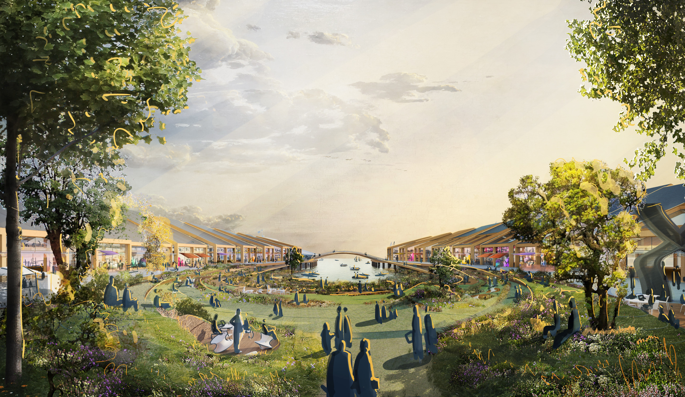 illustration of a proposed mixed-use campus and park at pier 30 san francisco
