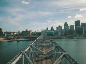 The skyline of Louisville, kentucky, as seen from a steel bridge