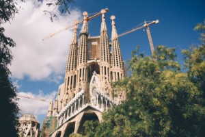 The Basilica of the Sagrada Família, a collection of stone spires under construction