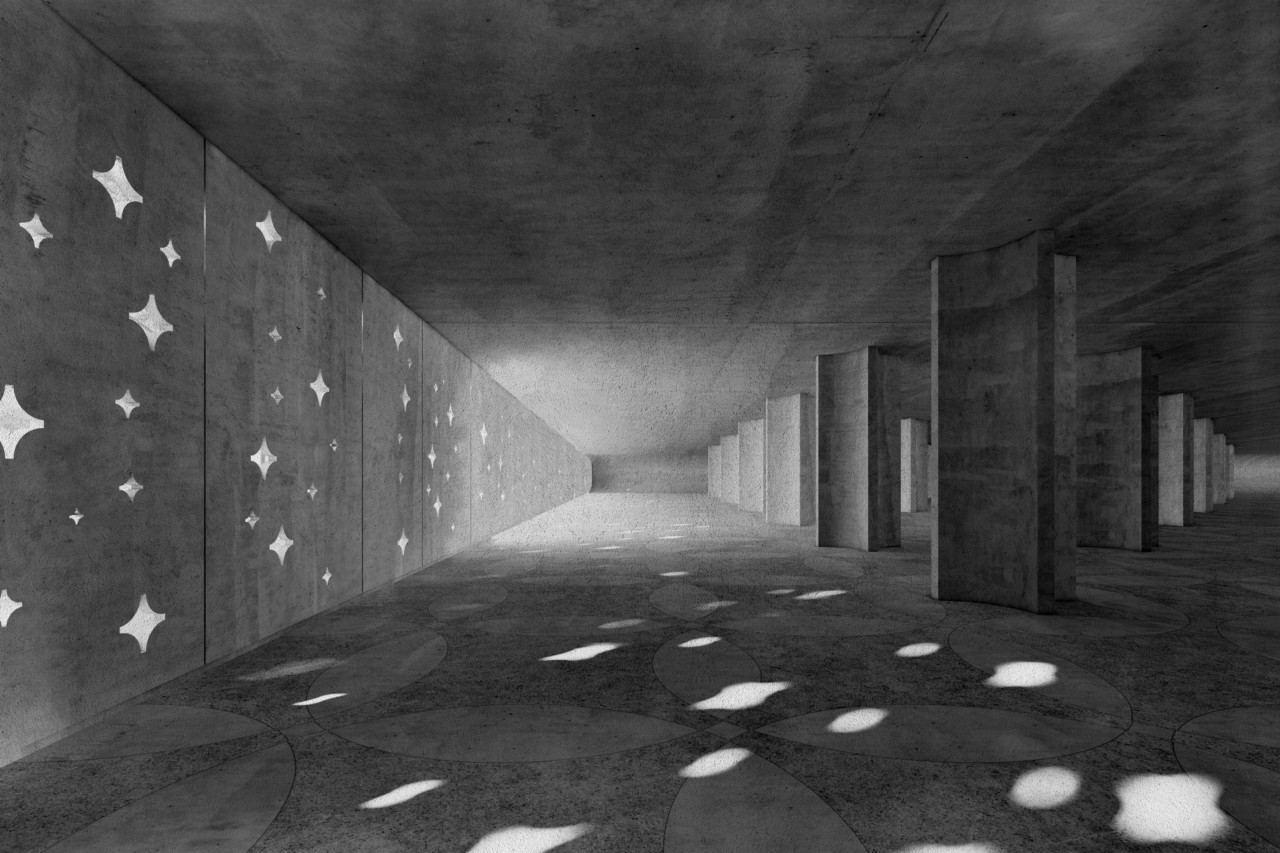 Interior rendering of the curved concrete space below the martyrs memorial
