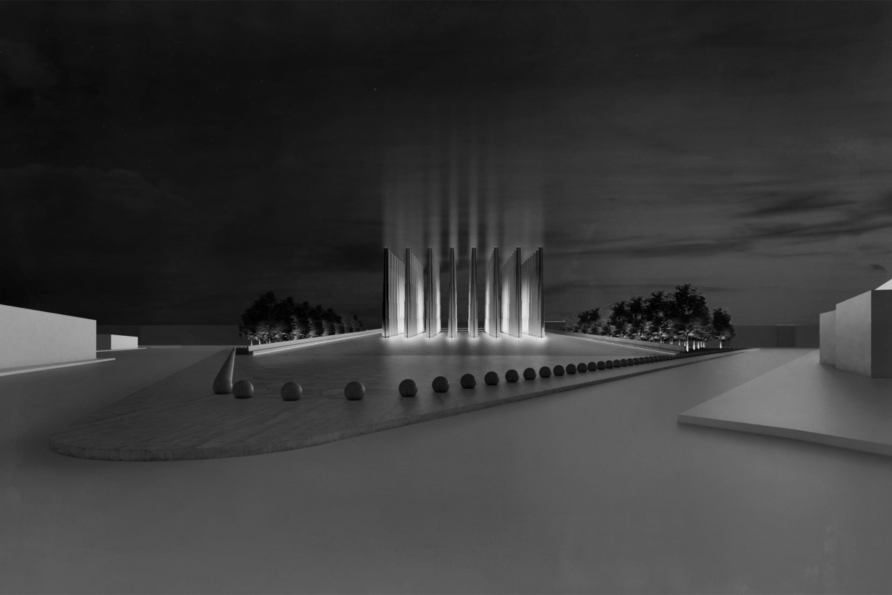 Rendering of a concrete martyrs memorial with scalloped towers at night