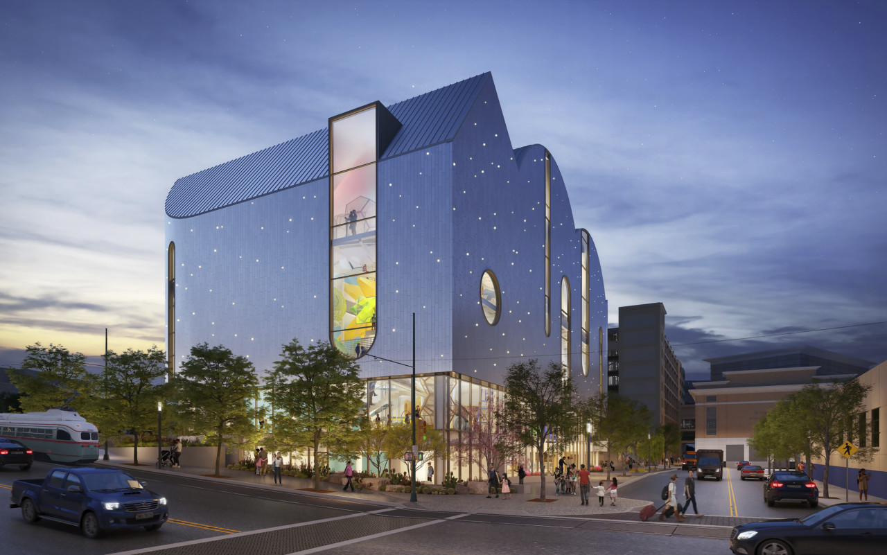 Exterior night rendering of the El Paso Children’s Museum, with lights embedded across the facade