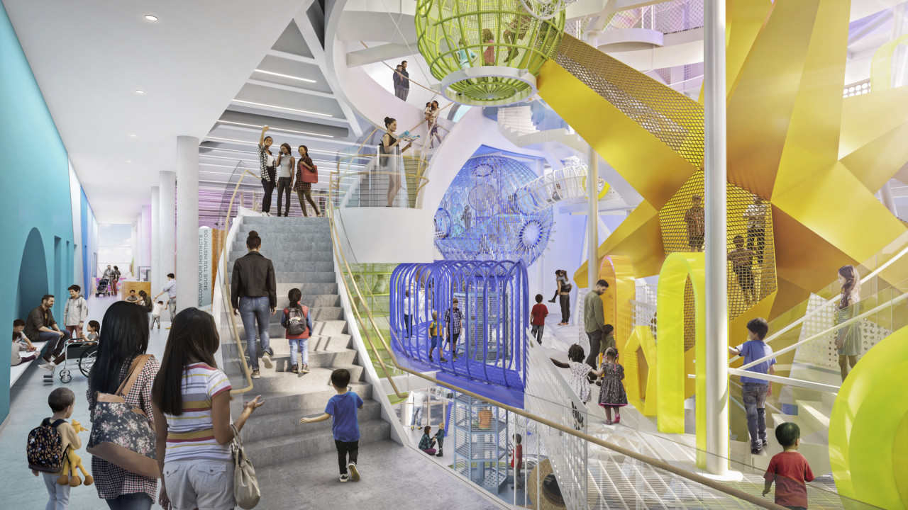 Interior rendering of the El Paso Children’s Museum with yellow star climber