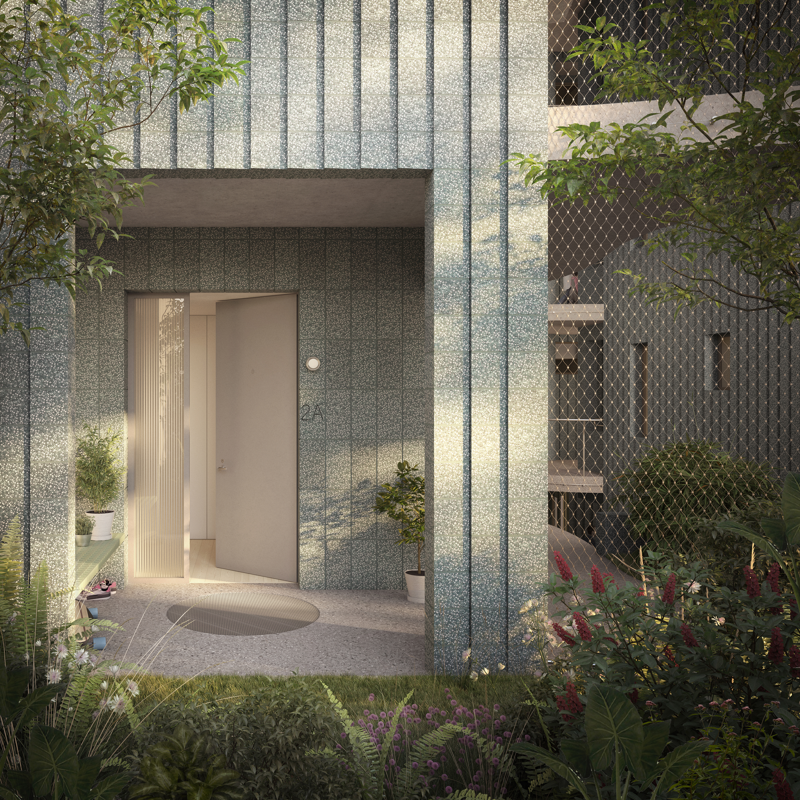rendering of an entrance to a new concrete apartment building