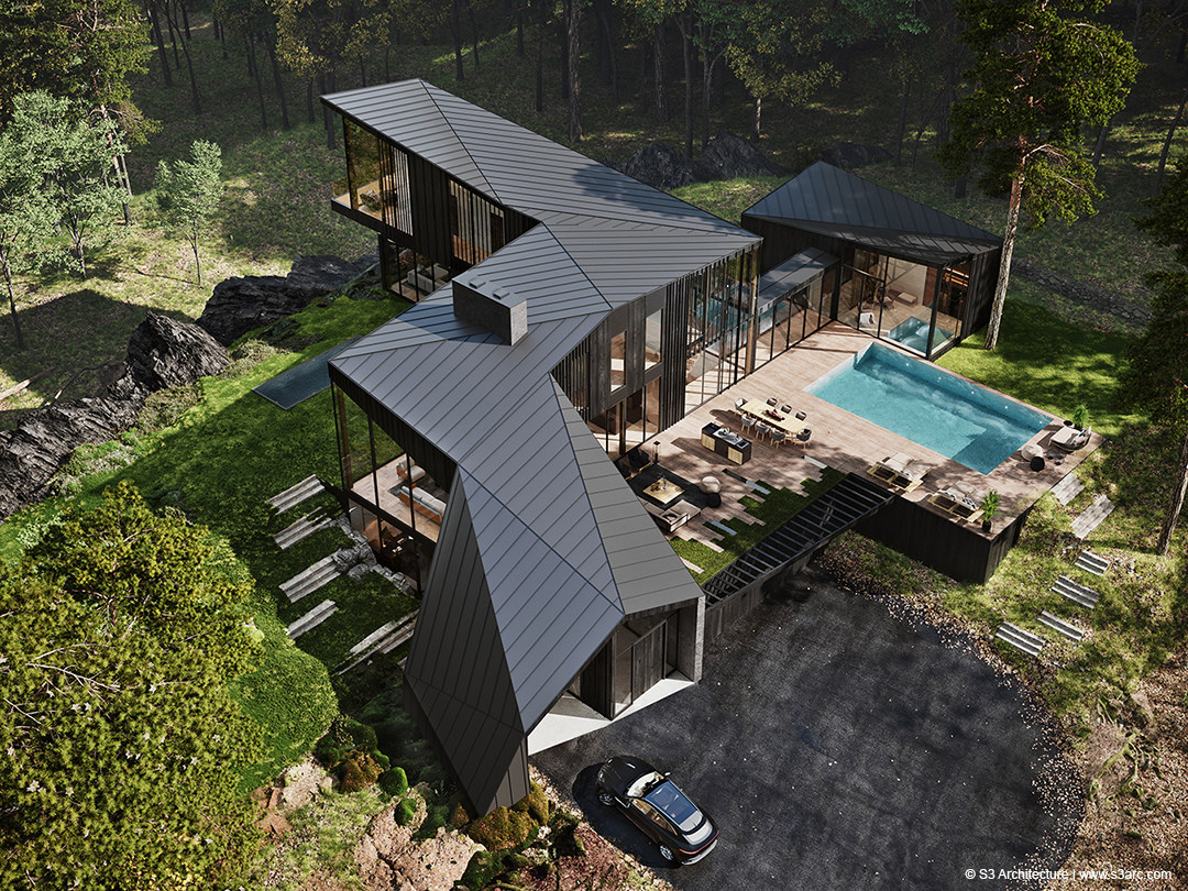 Aerial rendering of the aston martin home with snaking roofline