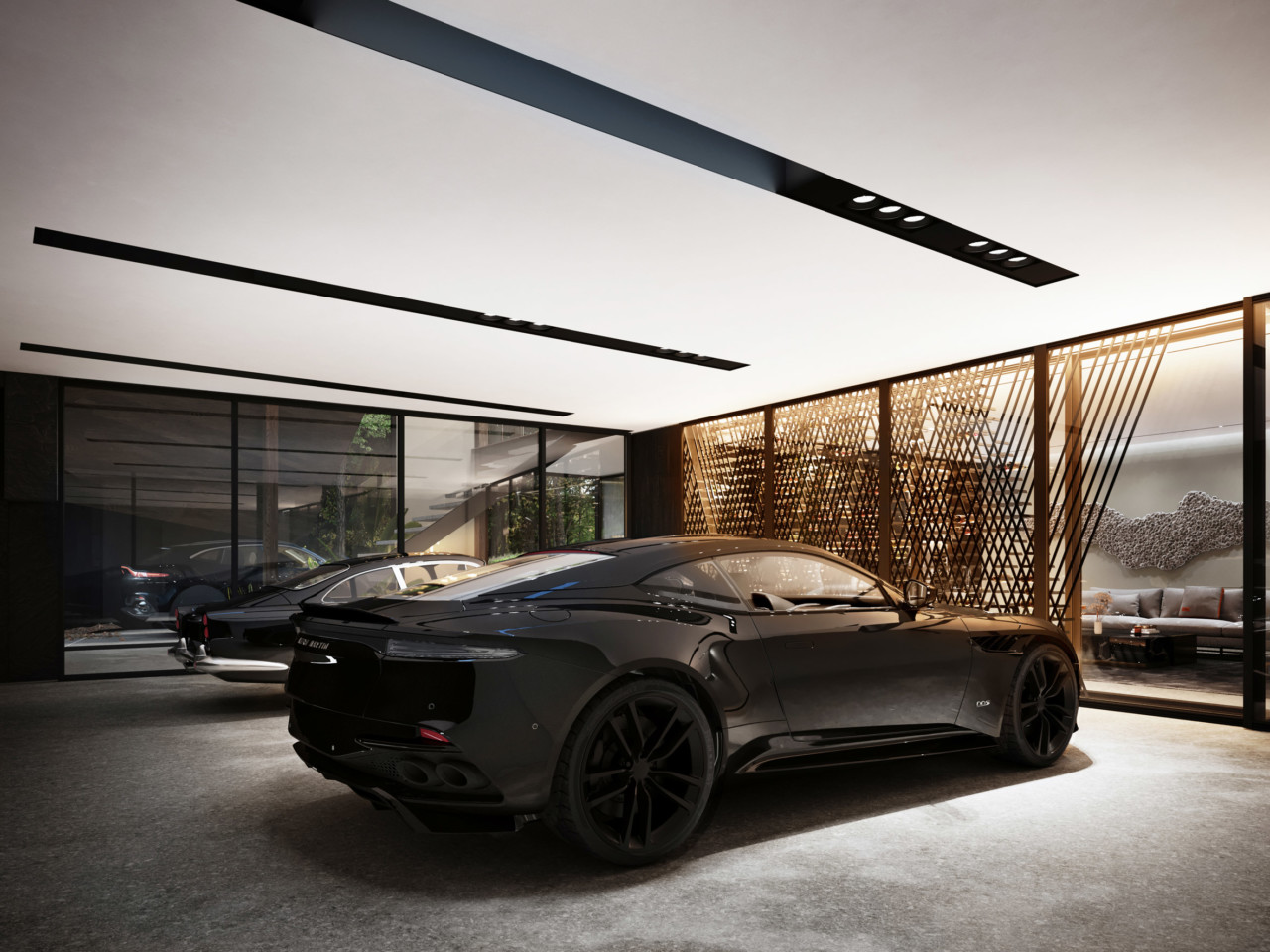 An aston martin in a glass-walled room