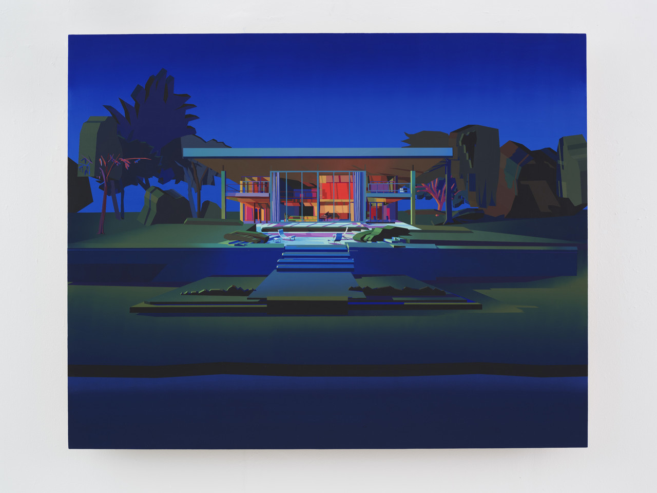 painting of modernist home at night