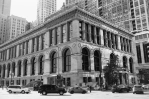 B&W photo of historic chicago building, the site of the 2021 chicago architecture biennial