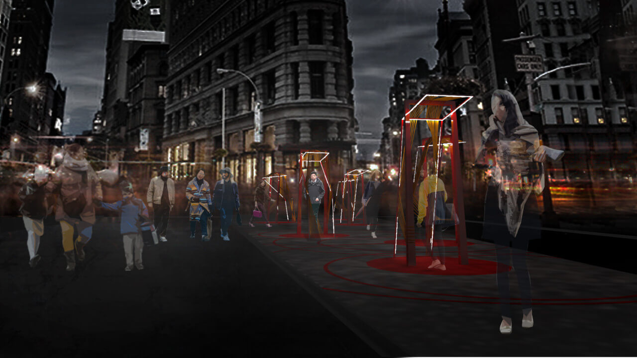 Rendering of a public parkat night with people gathered around lit red frame