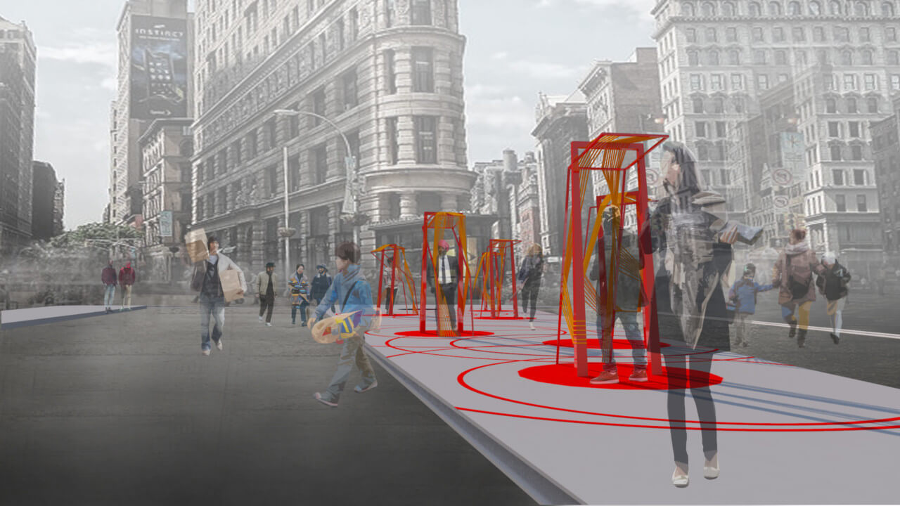 Rendering of Flatiron Public Plaza with red circles in it