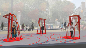Rendering of Flatiron Public Plaza with red circles in it