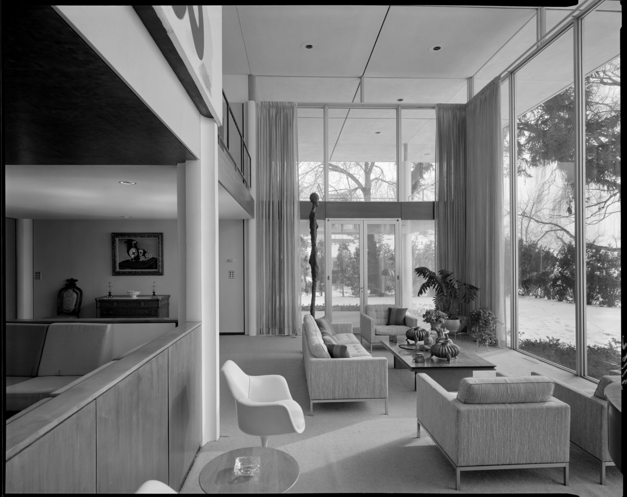 interior of a mid-century home with a sculpture