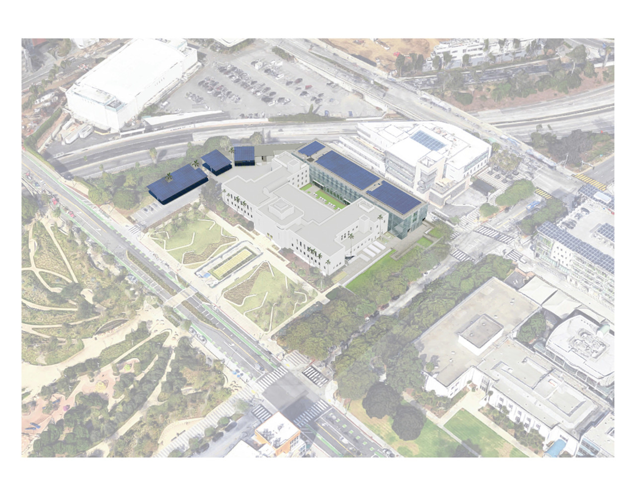 Aerial diagram of a glassy city services building in a civic space