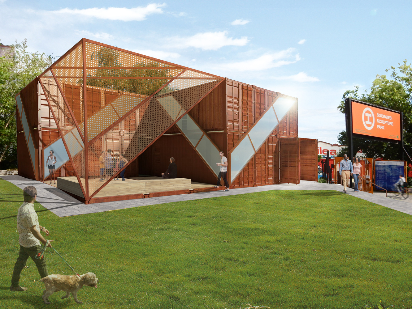 rendering of shipping container building built using prefabrication from steel in a city park