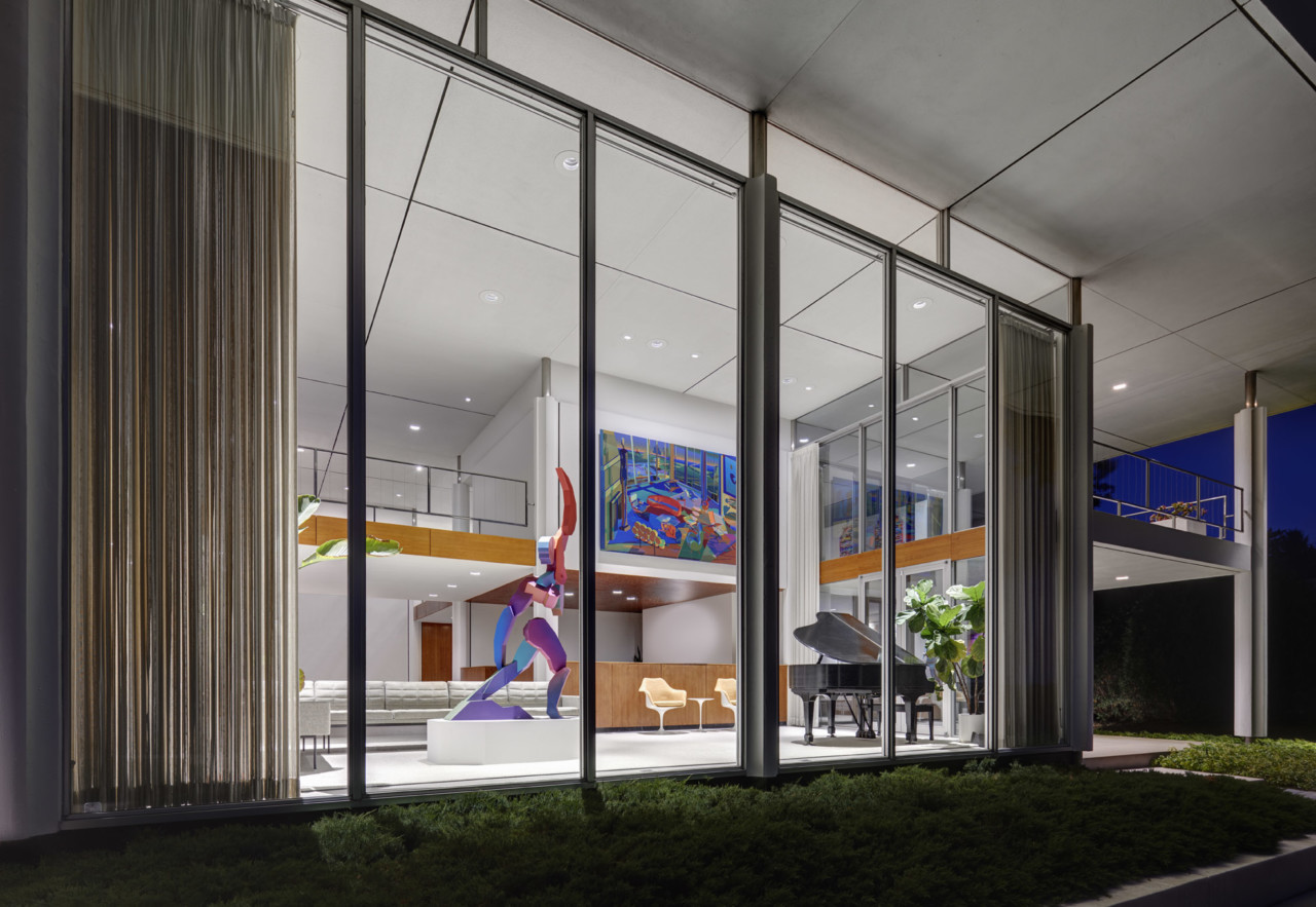 view of art inside a modernist home at night for virtual window