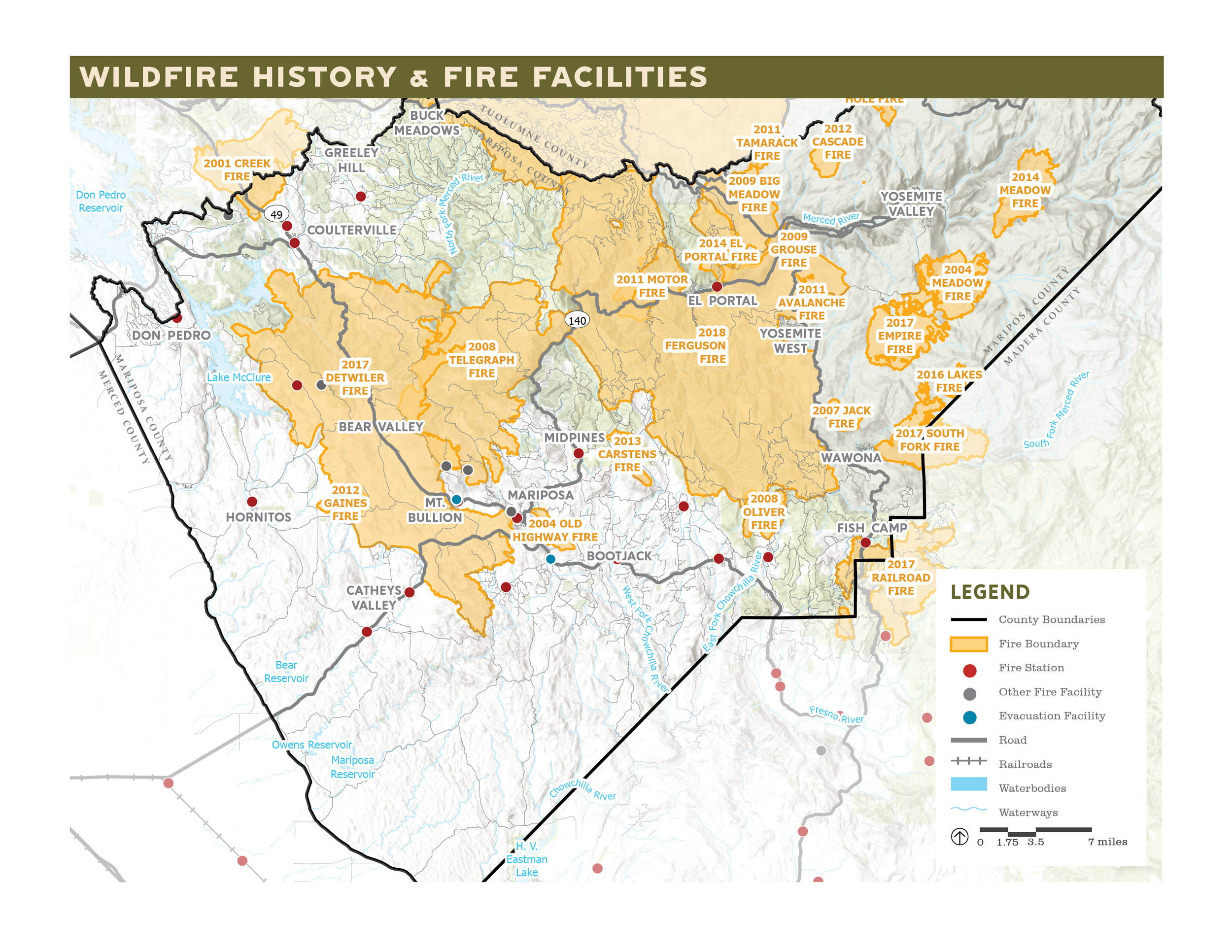 map of mariposa county depicting the county's history of wildfires