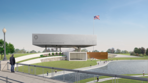 Rendering of a floating cube mass clad in stainless steel, the new National Medal of Honor Museum