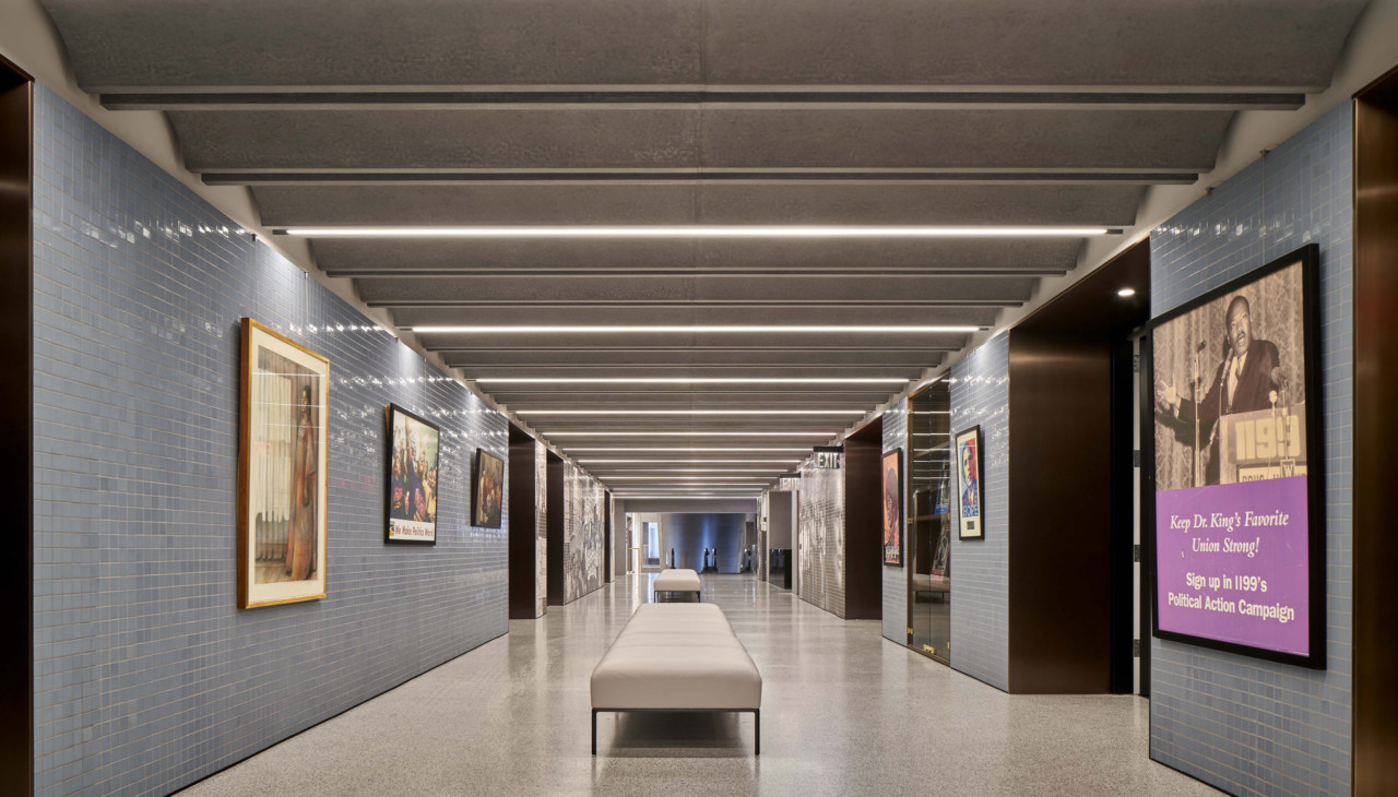 photograph of a contemporary interior with blue tiles and concrete vaults for 1199SEIU