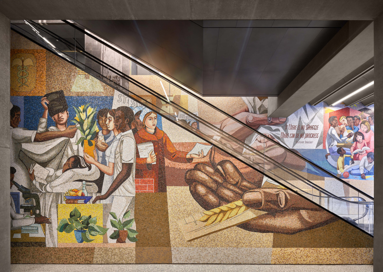 photography of a mosaic mural depicting hospital scene