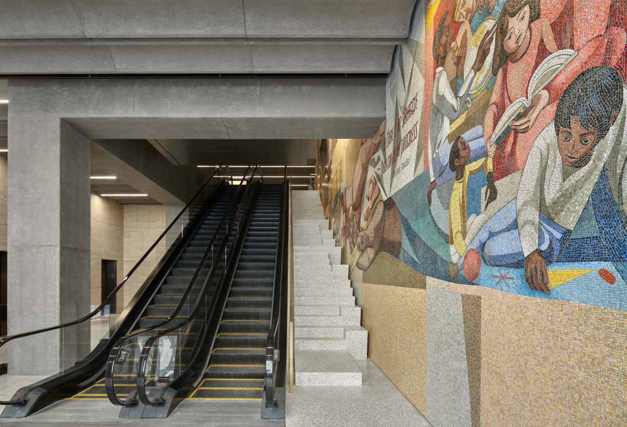 photograph of a contemporary office building lobby with mosaic mural for 1199SEIU