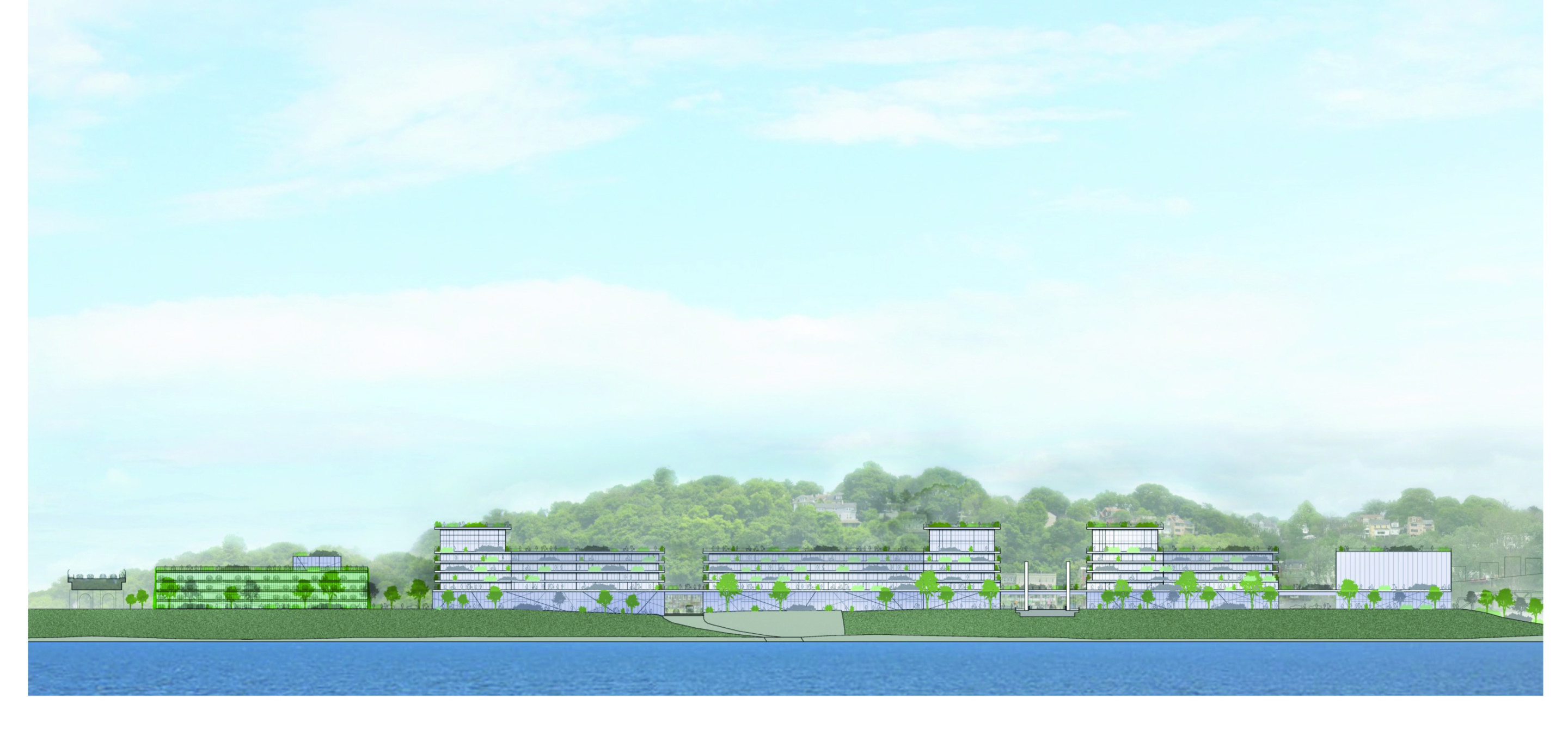 A frontal diagram of mixed use buildings on the water