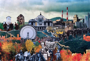 A festive fall landscape collage, up for sale as part of the architects for beirut