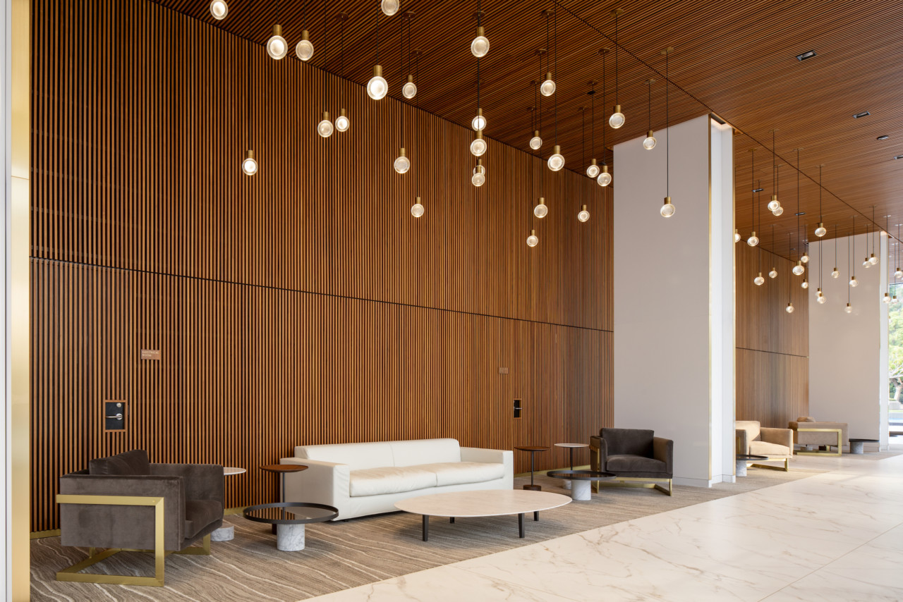 a modernist lobby in an office building