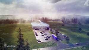 rendering of a high-tech transport center in a forested area for a new virgin hyperloop center