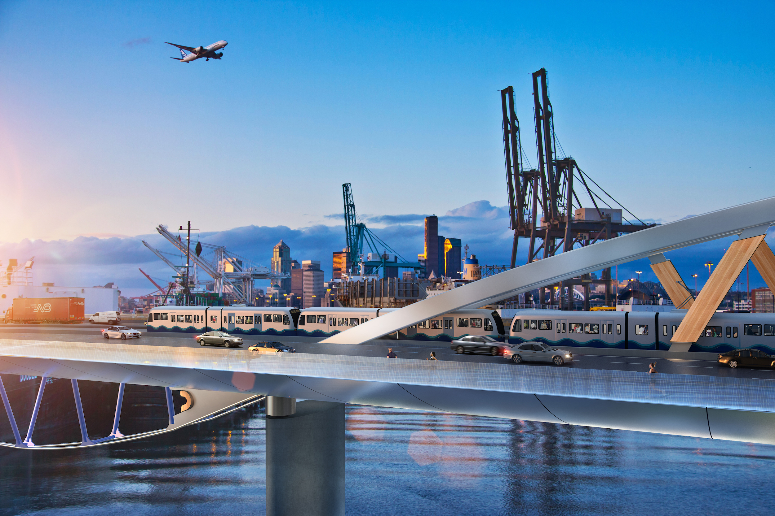 rendering of a speculative west seattle bridge with mass transit and a plane flying overhead
