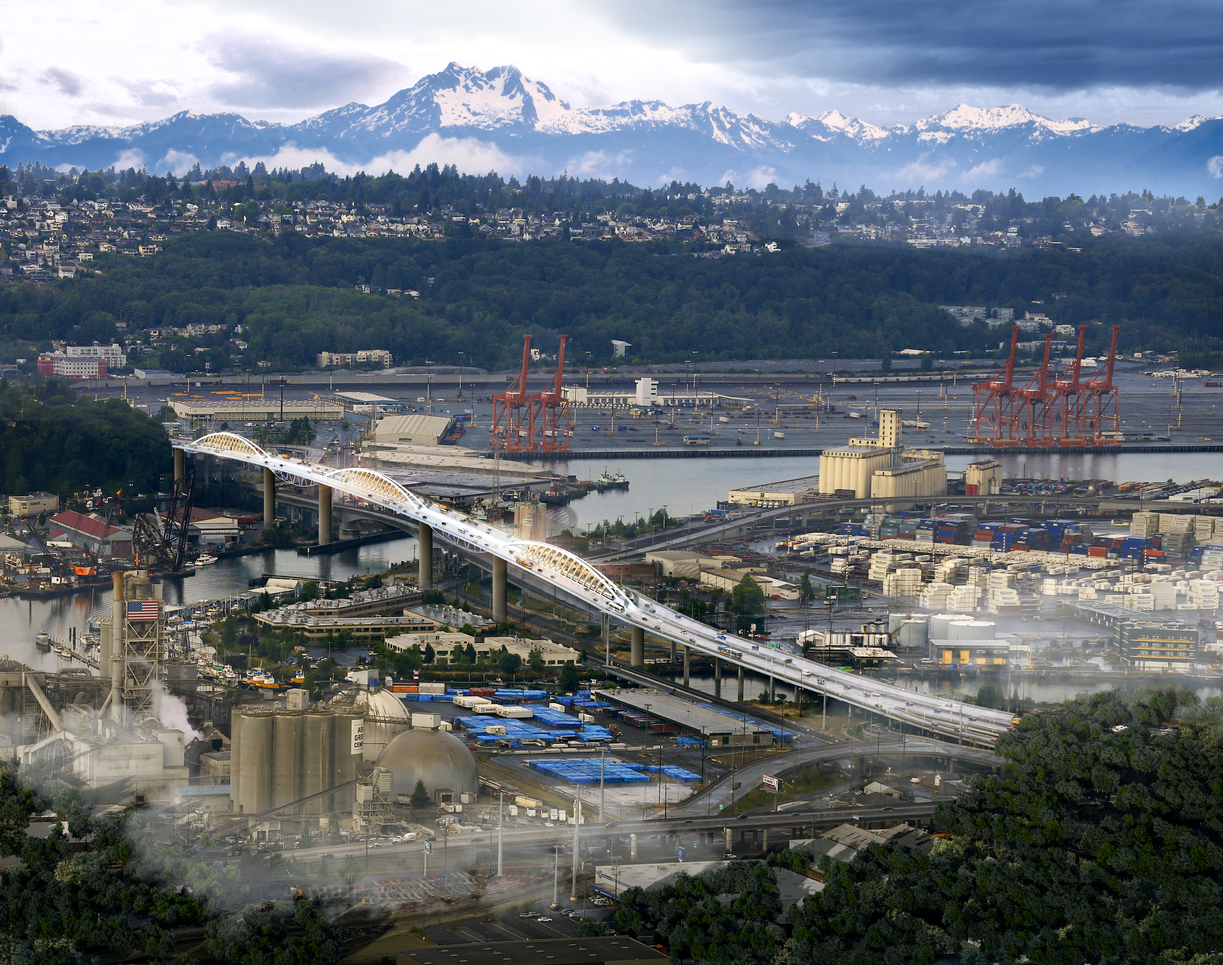 illustration of a bridge with cargo cranes and a mountain in the background